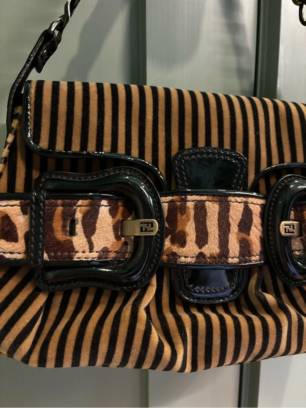 FENDI Pony Hair Stripe Leopard Baguette Shoulder Bag Patent Leather Rare - Picture 9 of 16
